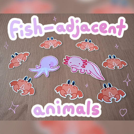 aquatic animal stickers! axolotl, crab and octopus!